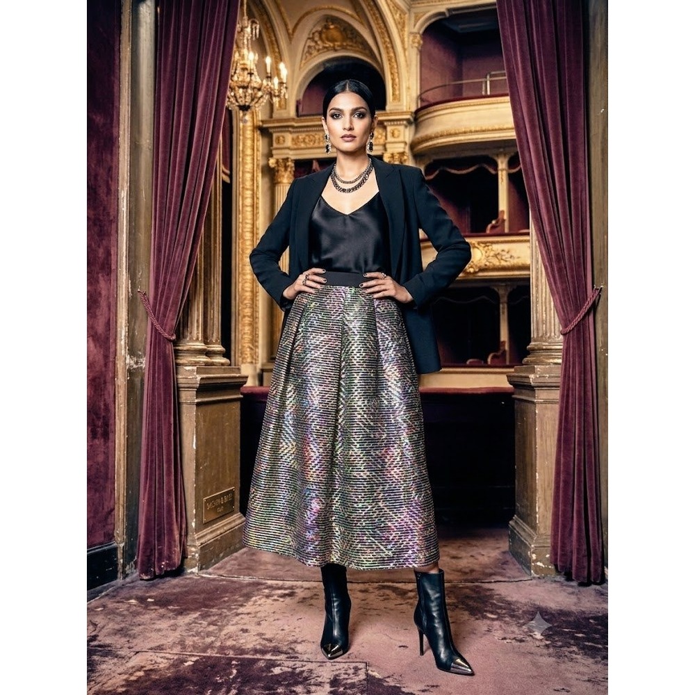 Sachin & Babi Noir $495 Metallic Holographic Stripe Organza Full A-Line Skirt  6